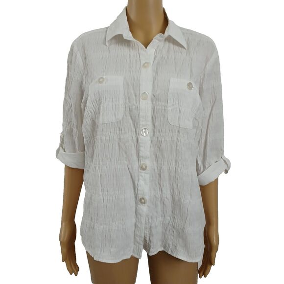 Baxter & Wells Women's P/L White Gauzy Button Up Collard Roll tab Sleeves Shirt - Picture 1 of 13